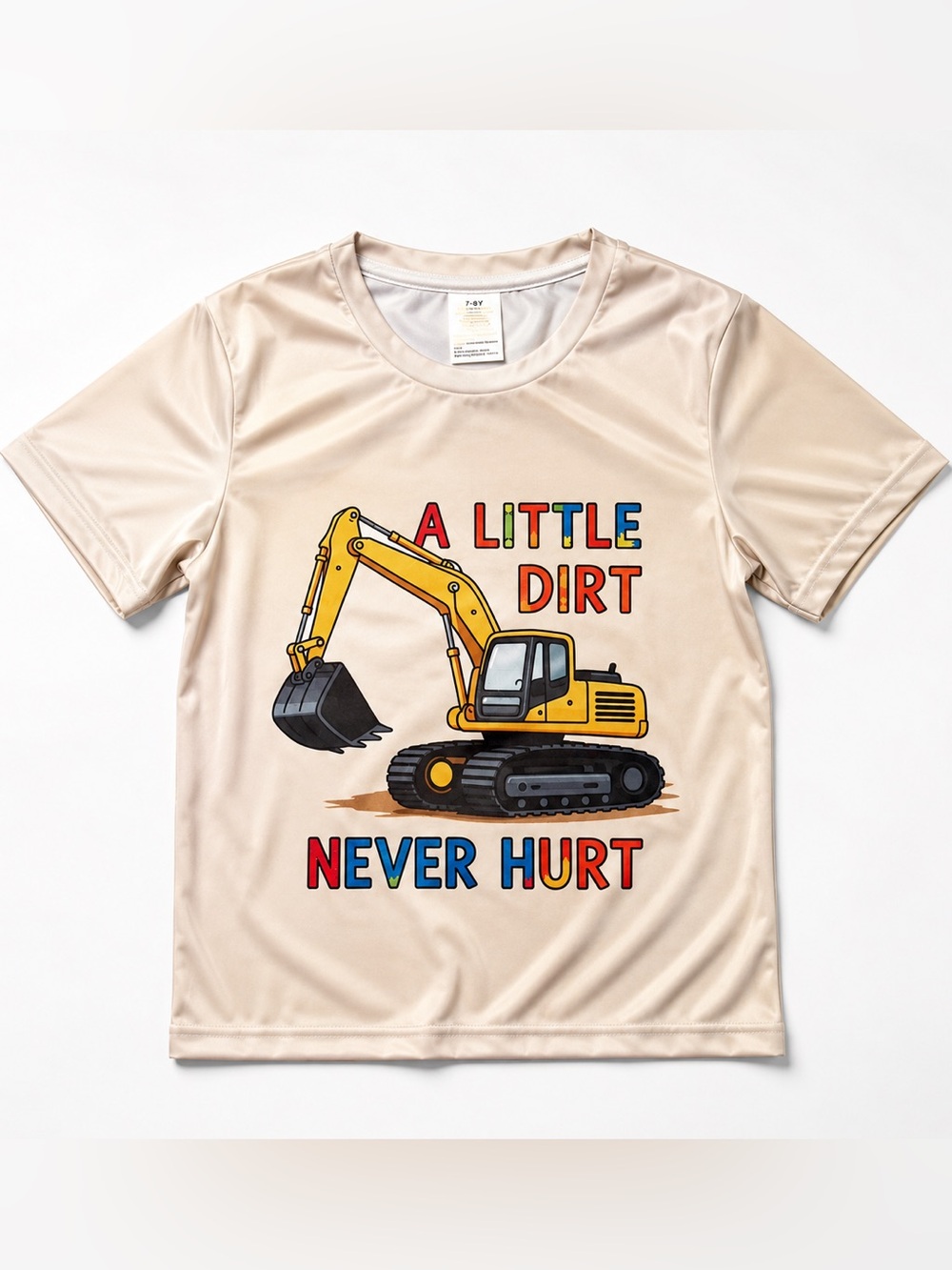 Kids' Excavator Graphic Tee - Cream "A Little Dirt Never Hurt" Size 7-8